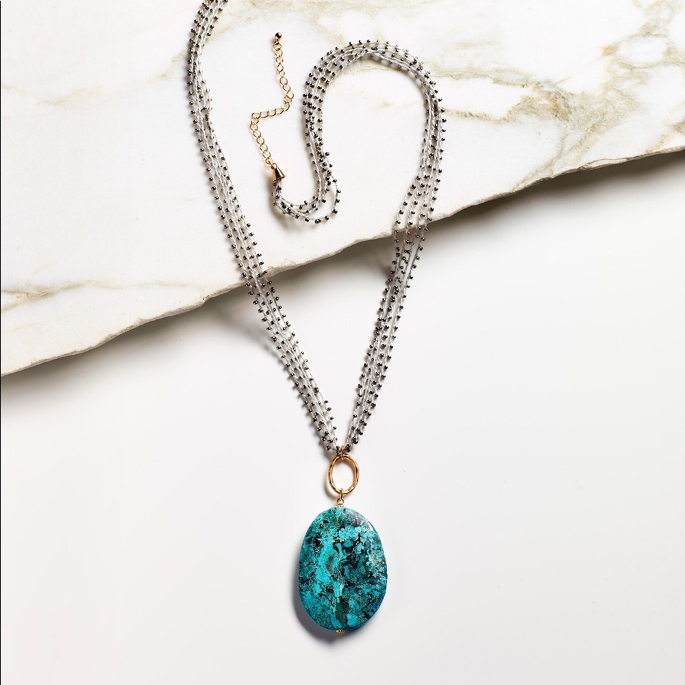 Stone Pendant Thread Beads Long Necklace